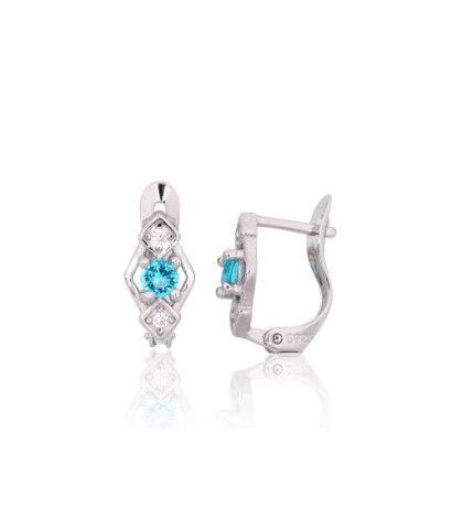 Silver earrings with 'english' lock 2200787(PRh-Gr)_CZ+CZ-AQ, Silver 925°, Rhodium (Plating), Zirkons