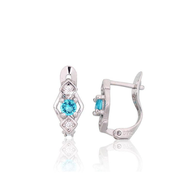 Silver earrings with 'english' lock 2200787(PRh-Gr)_CZ+CZ-AQ, Silver 925°, Rhodium (Plating), Zirkons