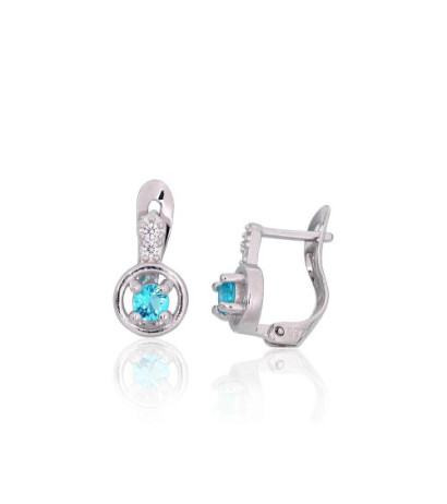 Silver earrings with 'english' lock 2201203(PRh-Gr)_CZ+CZ-AQ, Silver 925°, Rhodium (Plating), Zirkons