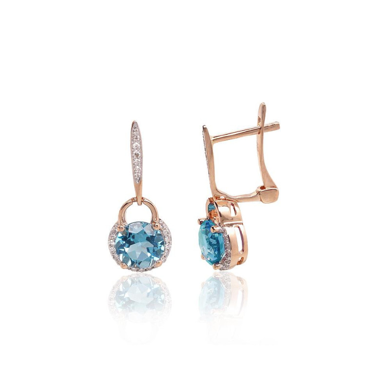 Gold earrings with 'english' lock 1201772(Au-R+PRh-W)_DI+TZB, Red Gold 585°, Rhodium (Plating) , Diamonds , Blue Topaz