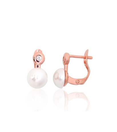 Silver earrings with 'english' lock 2204148(PAu-R)_CZ+PEX, Silver 925°, red gold (Plating), Zirkons , Fresh-water Pearl