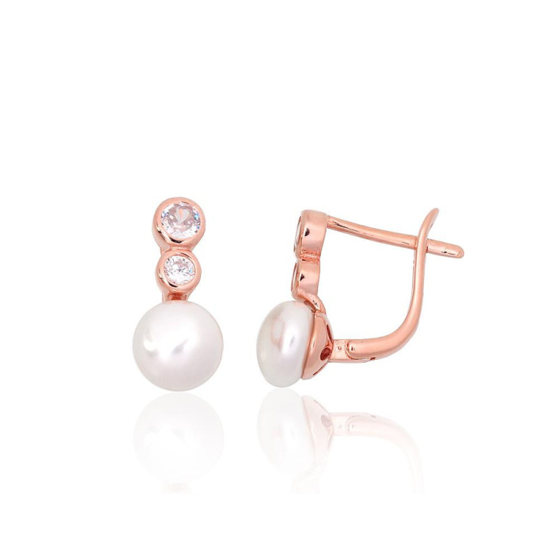 Silver earrings with 'english' lock 2204151(PAu-R)_CZ+PE, Silver 925°, red gold (Plating), Zirkons , Fresh-water Pearl
