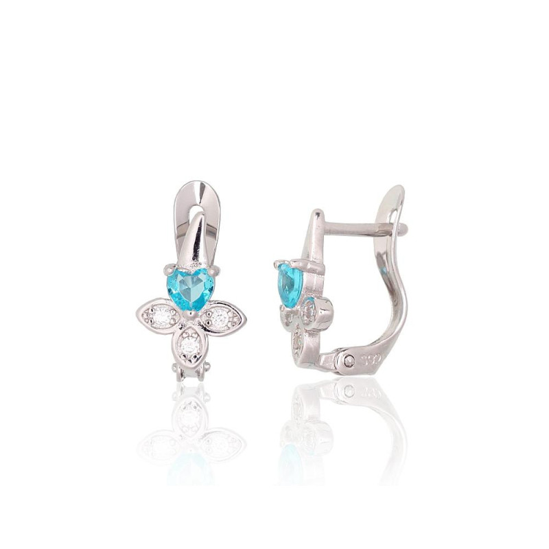 Silver earrings with 'english' lock 2200765(PRh-Gr)_CZ+CZ-AQ, Silver 925°, Rhodium (Plating), Zirkons