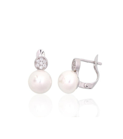 Silver earrings with 'english' lock 2204150(PRh-Gr)_CZ+PE, Silver 925°, Rhodium (Plating), Zirkons , Fresh-water Pearl