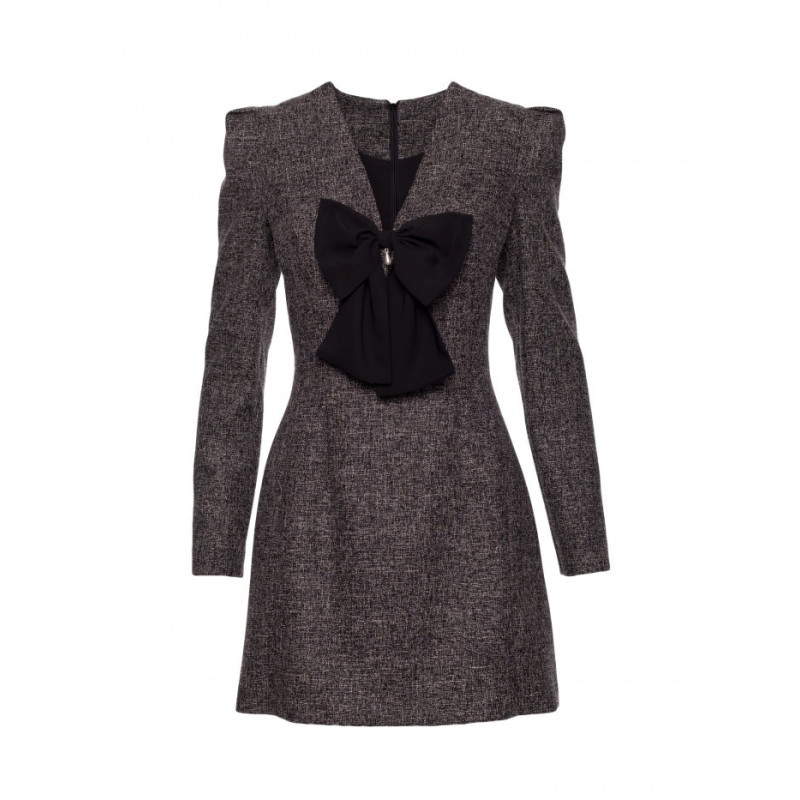 M869 Sukienka tweedowa z kokardą szyfonową - czarna