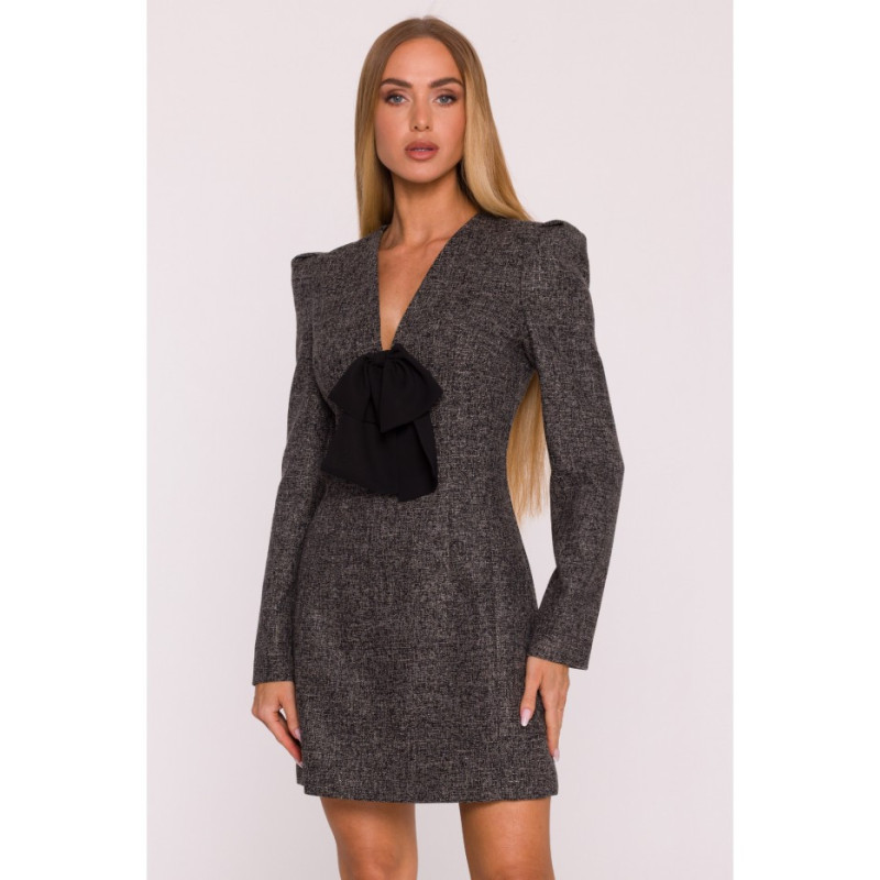 M869 Sukienka tweedowa z kokardą szyfonową - czarna