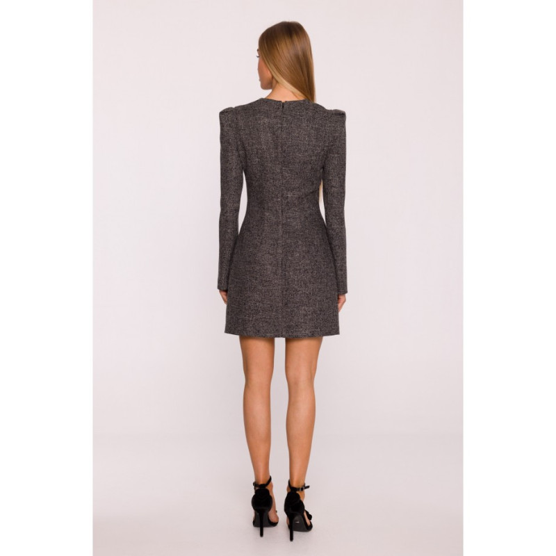 M869 Sukienka tweedowa z kokardą szyfonową - czarna