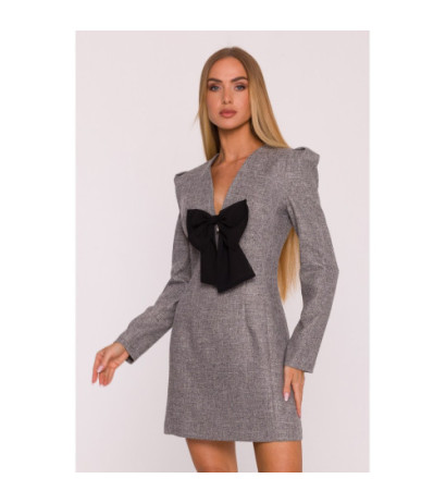 M869 Sukienka tweedowa z kokardą szyfonową - grafitowa