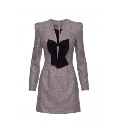 M869 Sukienka tweedowa z kokardą szyfonową - grafitowa