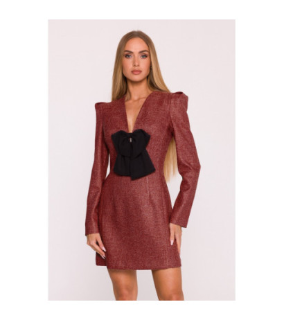 M869 Sukienka tweedowa z kokardą szyfonową - bordowa