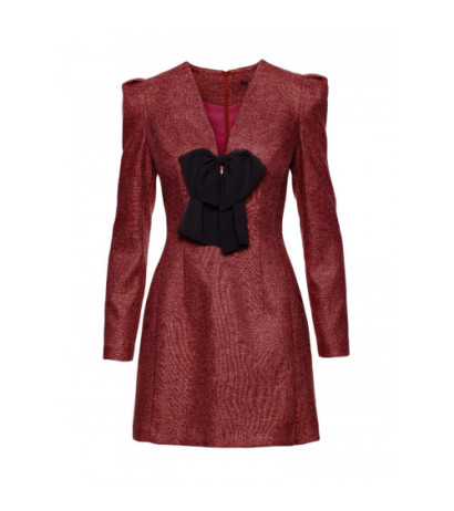 M869 Sukienka tweedowa z kokardą szyfonową - bordowa