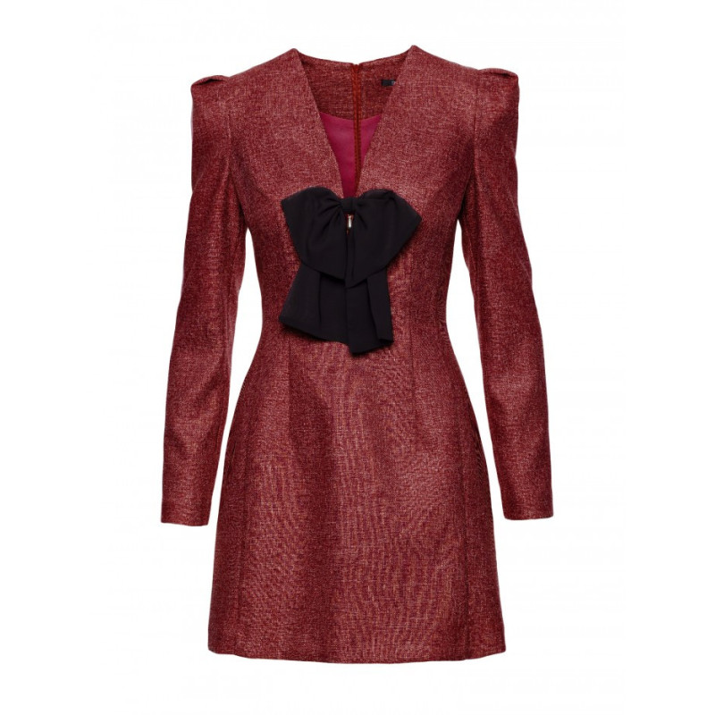 M869 Sukienka tweedowa z kokardą szyfonową - bordowa