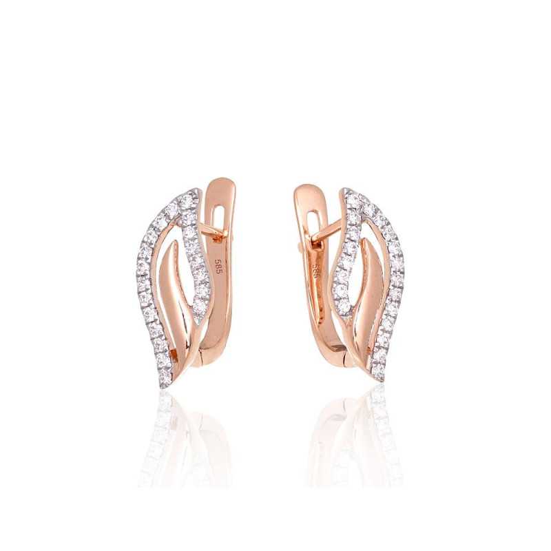 Gold earrings with 'english' lock 1201667(Au-R+PRh-W)_DI, Red Gold 585°, Rhodium (Plating) , Diamonds