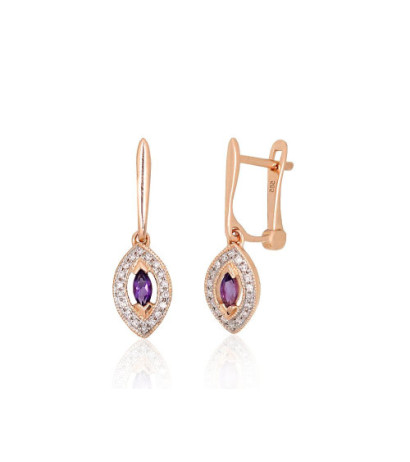 Gold earrings with 'english' lock 1201671(Au-R+PRh-W)_DI+AM, Red Gold 585°, Rhodium (Plating) , Diamonds , Amethyst