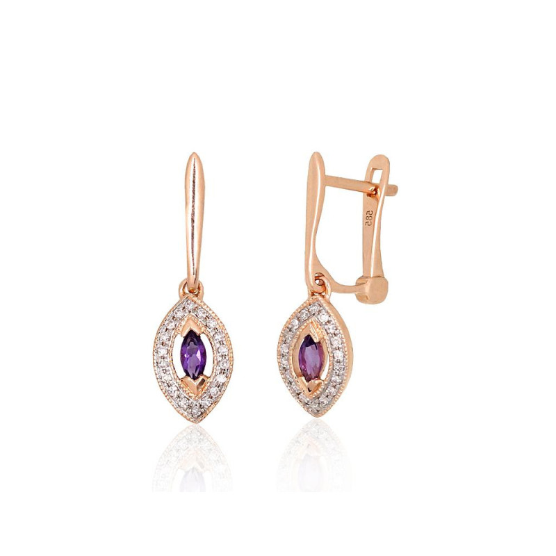 Gold earrings with 'english' lock 1201671(Au-R+PRh-W)_DI+AM, Red Gold 585°, Rhodium (Plating) , Diamonds , Amethyst