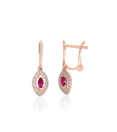 Gold earrings with 'english' lock 1201671(Au-R+PRh-W)_DI+RB, Red Gold 585°, Rhodium (Plating) , Diamonds , Ruby