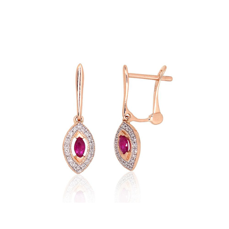 Gold earrings with 'english' lock 1201671(Au-R+PRh-W)_DI+RB, Red Gold 585°, Rhodium (Plating) , Diamonds , Ruby