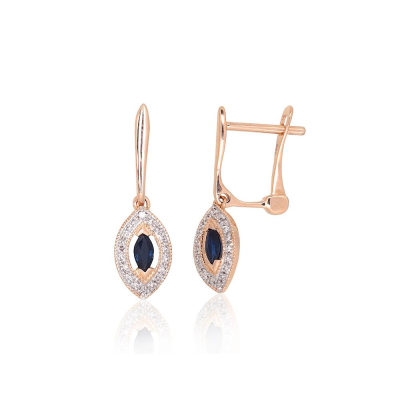 Gold earrings with 'english' lock 1201671(Au-R+PRh-W)_DI+SA, Red Gold 585°, Rhodium (Plating) , Diamonds , Sapphire