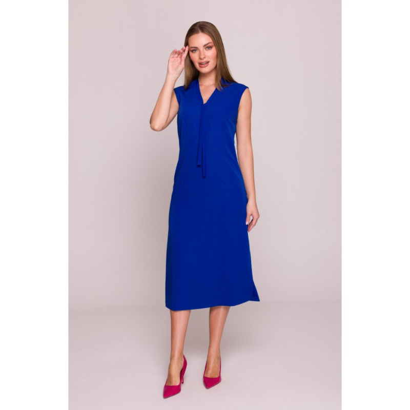 S410 Sukienka z wiązaniem w dekolcie - chabrowa