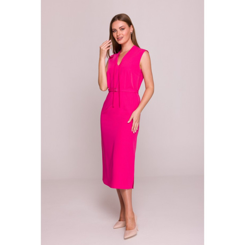 S410 Sukienka z wiązaniem w dekolcie - różowa