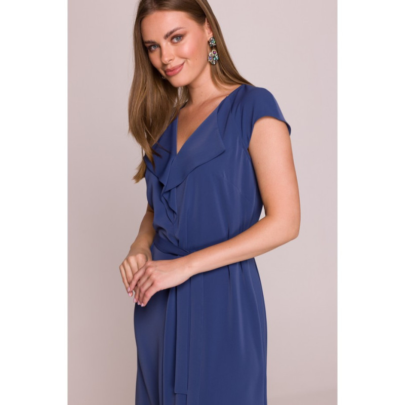 S411 Sukienka z żabotem - niebieska