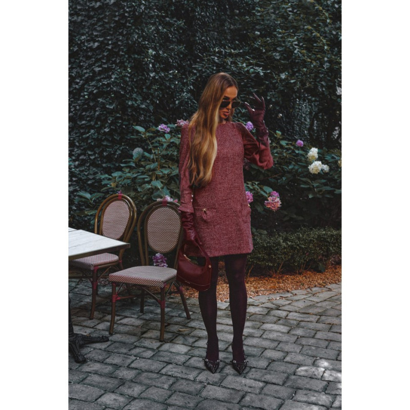 M870 Sukienka tweedowa z kieszonkami - bordowa