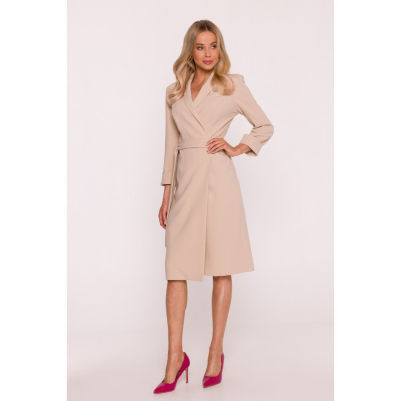 S415 Sukienka szmizjerka wiązana w talii - beżowa