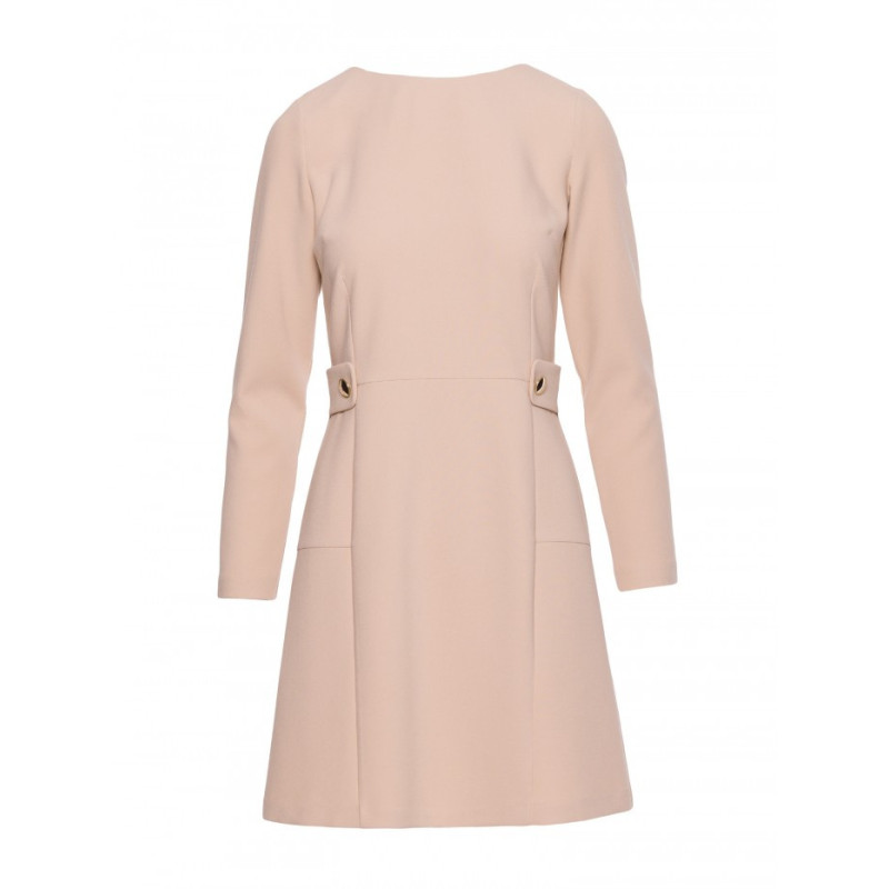 S419 Sukienka z ozdobnymi guzikami w talii - beżowa