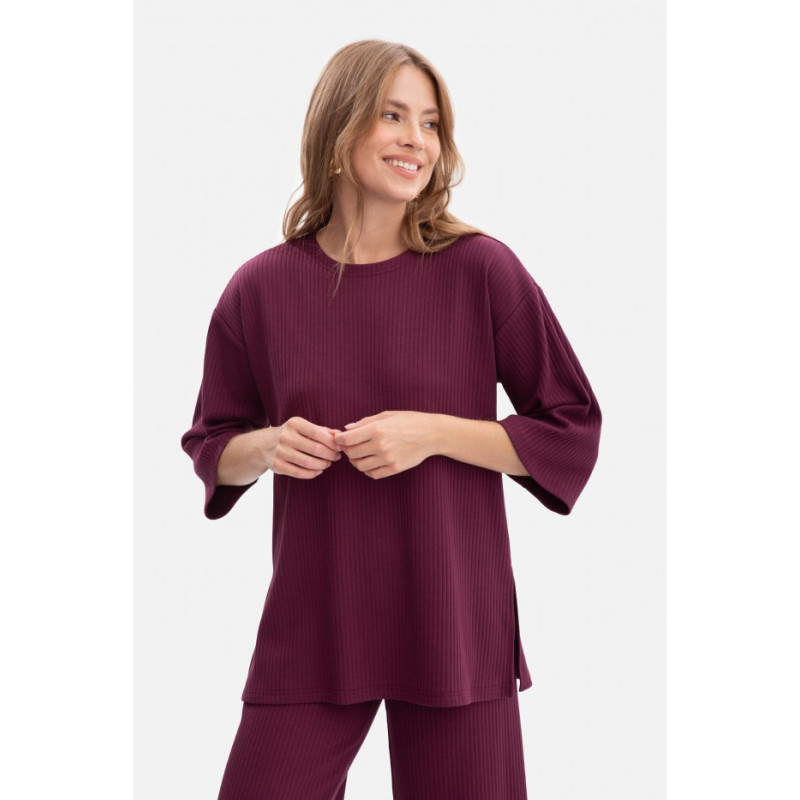 B301 Bluzka z dzianiny prążkowanej - śliwkowa