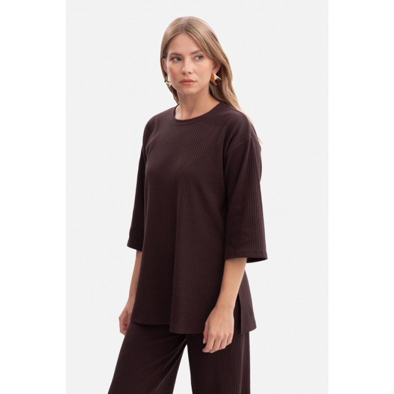 B301 Bluzka z dzianiny prążkowanej - gorzka czekolada