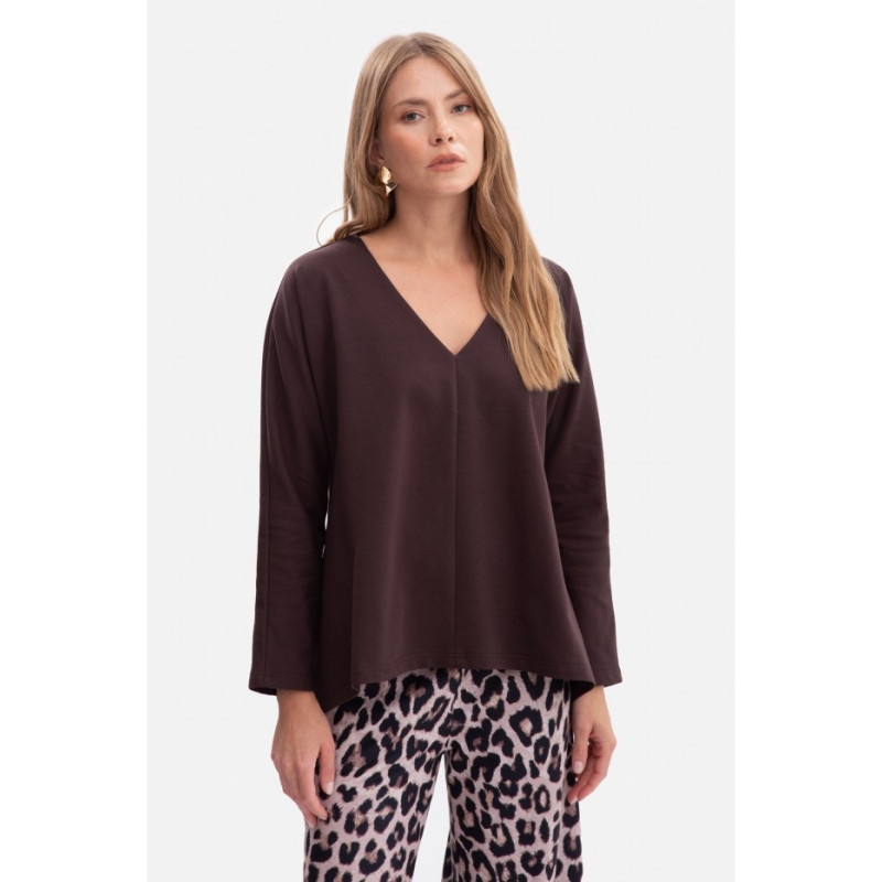 B304 Bluzka dzianinowa z dekoltem V - gorzka czekolada