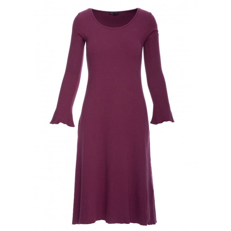 B308 Sukienka midi z dzianiny prążkowanej z dekoltem - śliwkowa