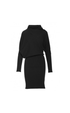 B309 Sukienka bluzowana z dzianiny prążkowanej - czarna