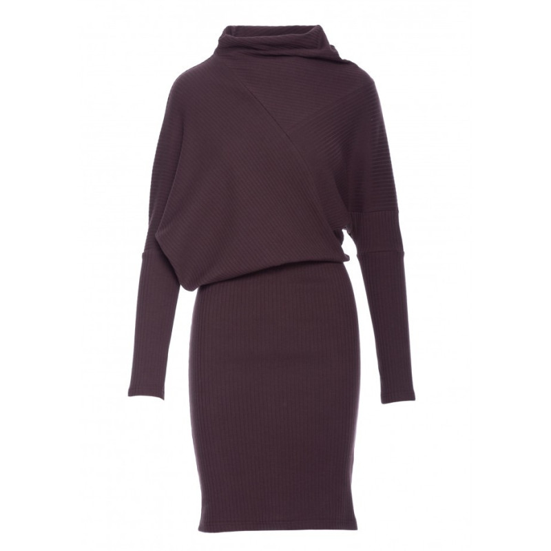 B309 Sukienka bluzowana z dzianiny prążkowanej - gorzka czekolada