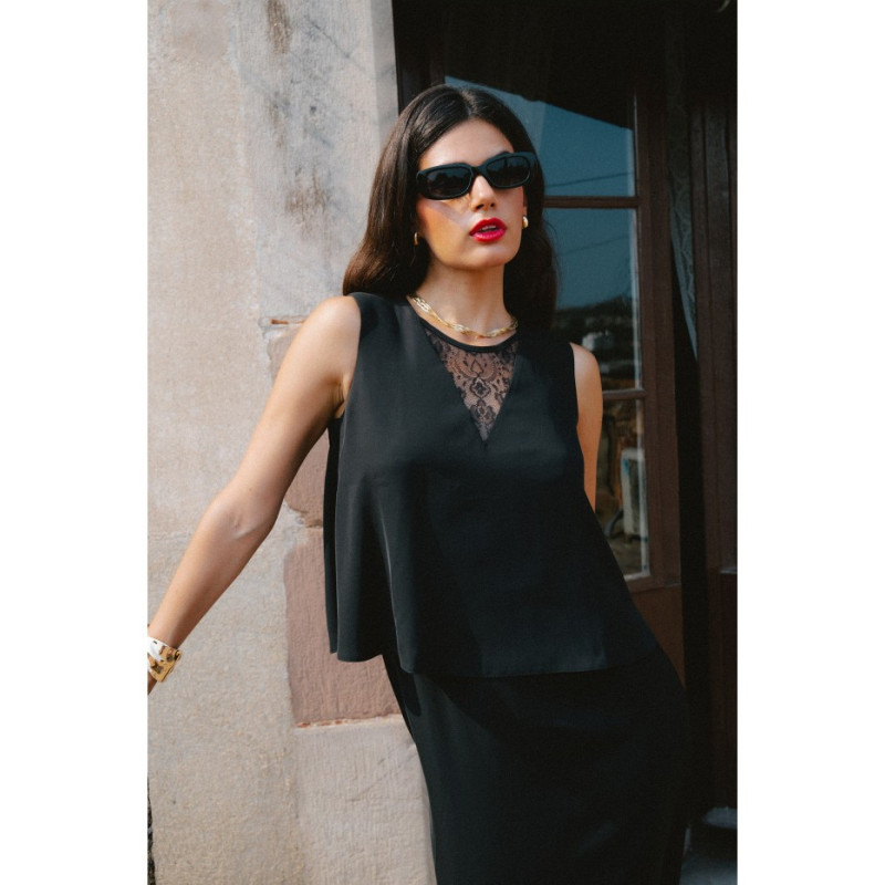 S422 Sukienka ze wstawką z koronki - czarna