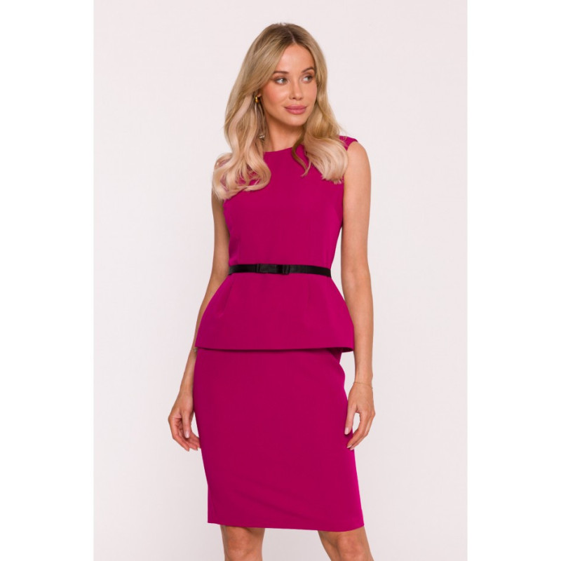 S427 Sukienka ołówkowa z baskinką - śliwkowa