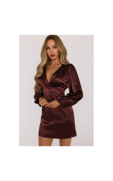 M888 Sukienka mini z bufiastymi rękawami - brązowa