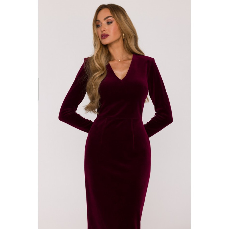 M889 Sukienka welurowa z dekoltem - bordowa