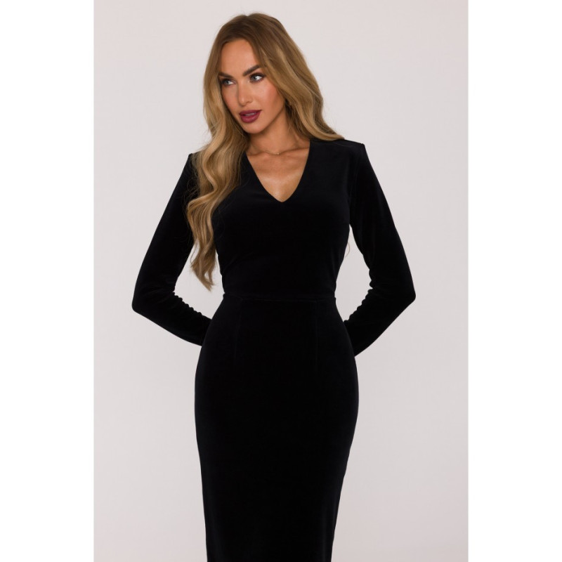 M889 Sukienka welurowa z dekoltem - czarna
