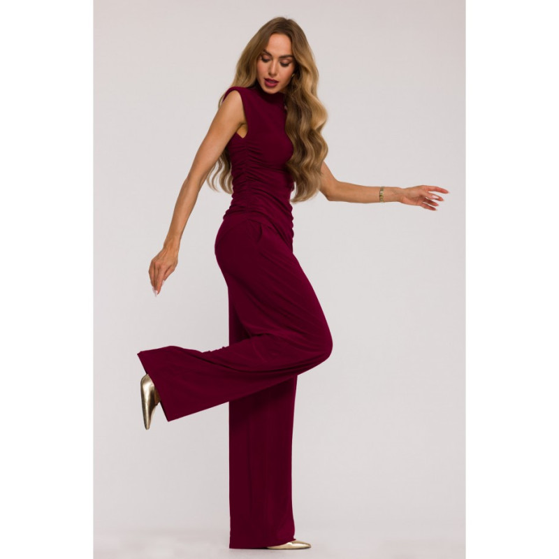 M890 Komplet z marszczoną bluzką i szerokimi spodniami - bordowy