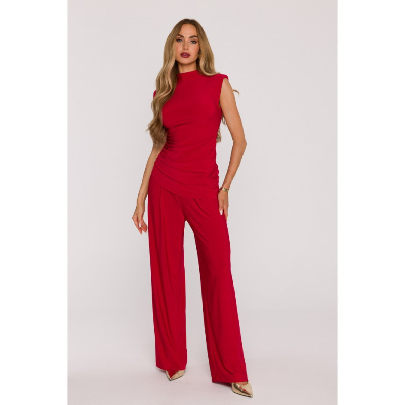 M890 Komplet z marszczoną bluzką i szerokimi spodniami - czerwony