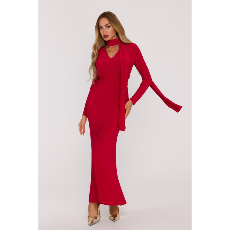 M891 Sukienka maxi z szarfą - czerwona