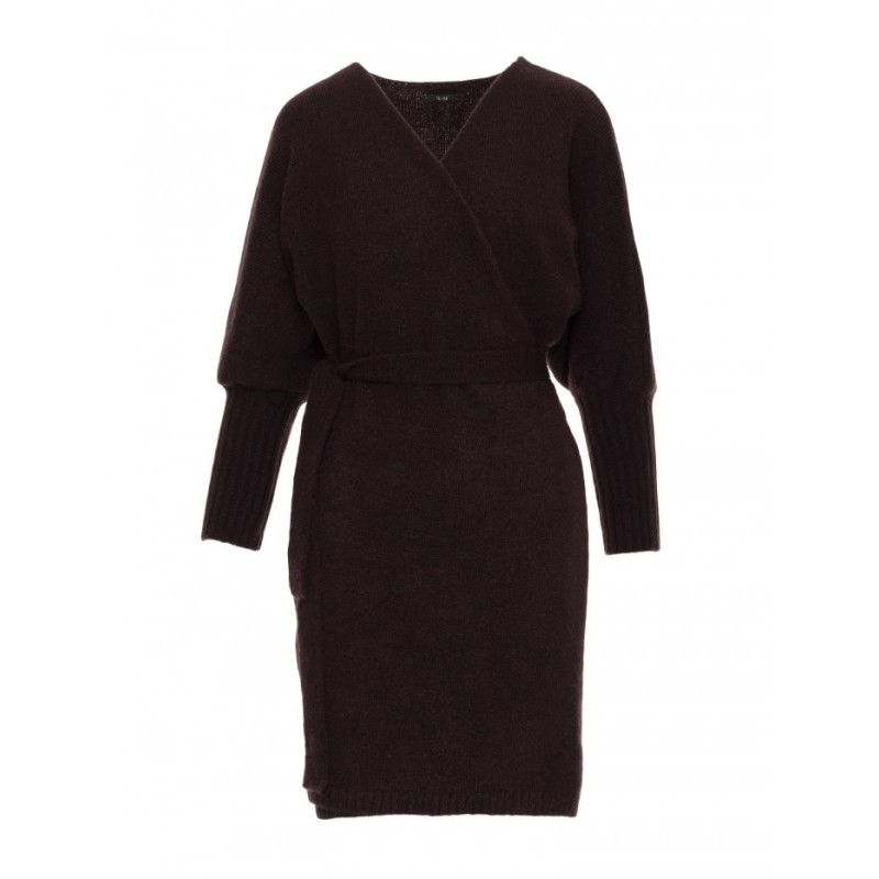 M631 Sukienka swetrowa kopertowa z wiązaniem - czekoladowa