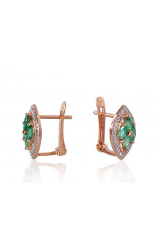 Gold earrings with 'english' lock 1200250(Au-R+PRh-W)_DI+EM, Red Gold 585°, Rhodium (Plating) , Diamonds , Emerald