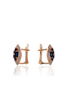 Gold earrings with 'english' lock 1200250(Au-R+PRh-W)_DI+SA, Red Gold 585°, Rhodium (Plating) , Diamonds , Sapphire