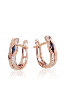Gold earrings with 'english' lock 1200713(Au-R+PRh-W)_DI+SA, Red Gold 585°, Rhodium (Plating) , Diamonds , Sapphire