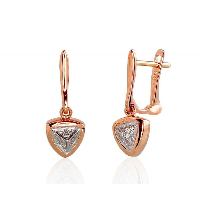 Gold earrings with 'english' lock 1200798(Au-R+PRh-W)_DI, Red Gold 585°, Rhodium (Plating) , Diamonds