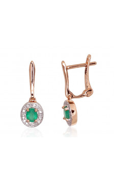 Gold earrings with 'english' lock 1200975(Au-R+PRh-W)_DI+EM, Red Gold 585°, Rhodium (Plating) , Diamonds , Emerald