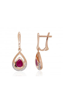 Gold earrings with 'english' lock 1200977(Au-R+PRh-W)_DI+RB, Red Gold 585°, Rhodium (Plating) , Diamonds , Ruby