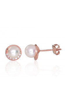 Gold classic studs earrings 1201216(Au-R)_CZ+PE, Red Gold 585°, Zirkons , Fresh-water Pearl